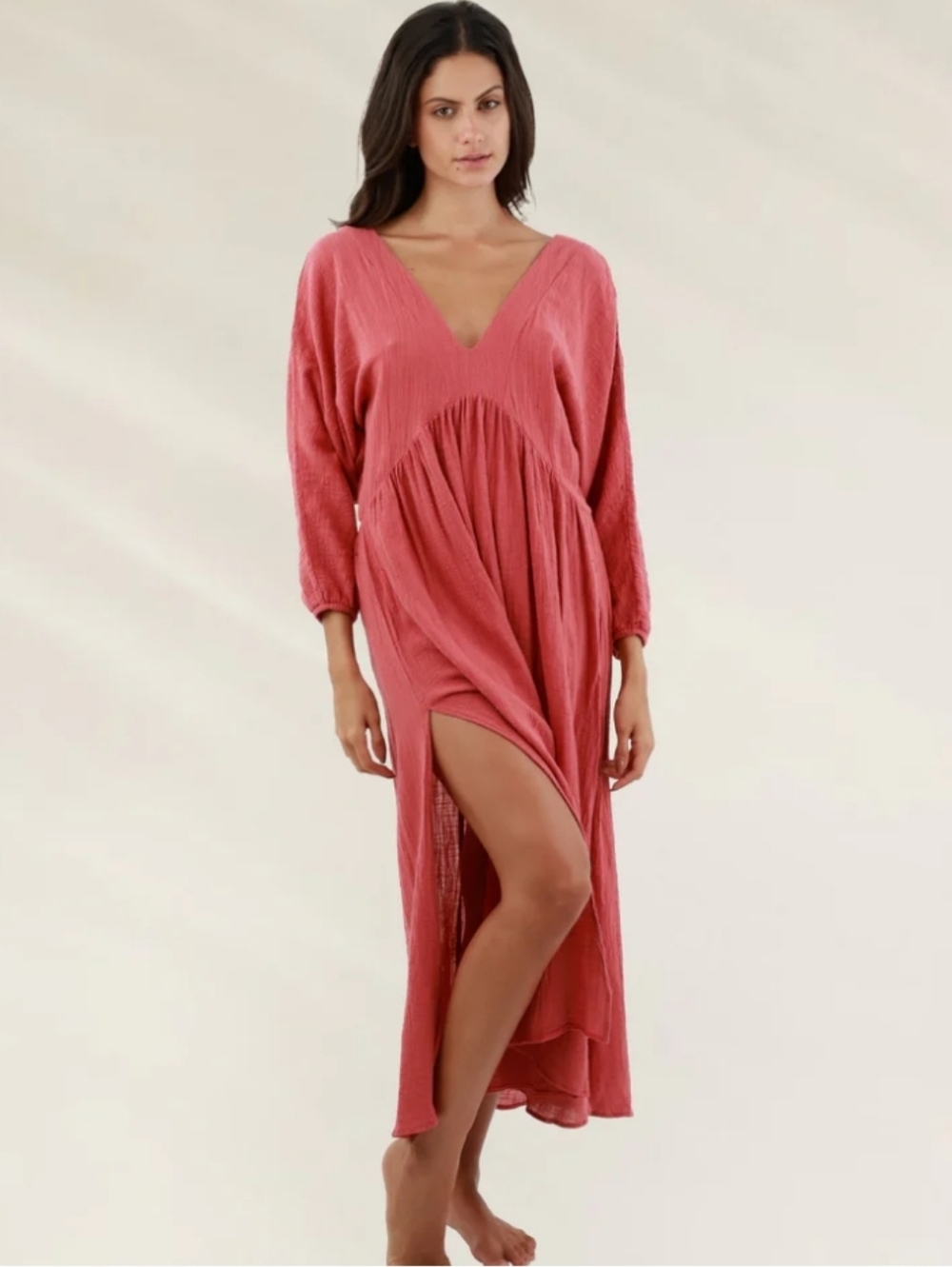 Malai Long Cotton Dress with Plunging Neckline Beach Swim Cover Up Resortwear